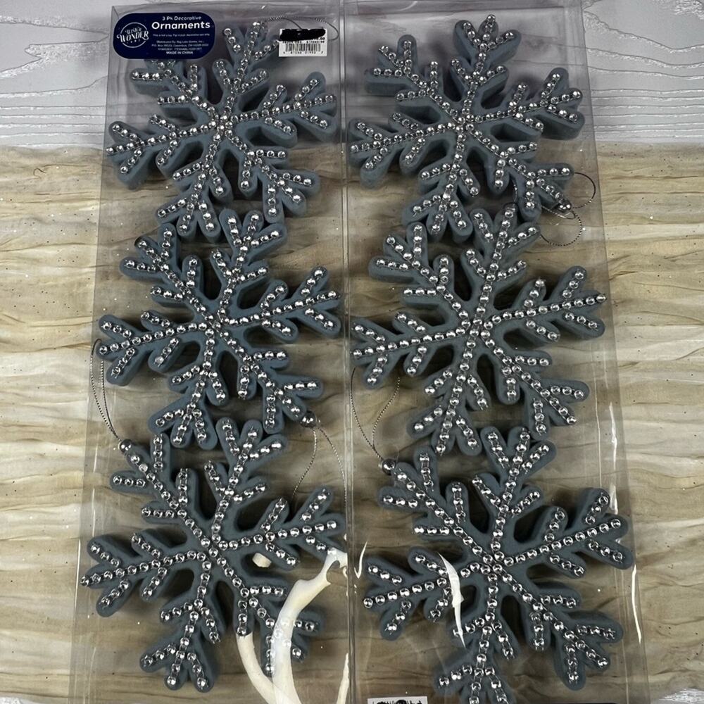 Set of Six 6” Rhinsetone Coveted Blue Velvet Snowflake Ornaments